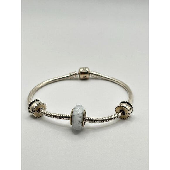Pandora 925 Sterling Silver Charm Bracelet With Blue & White Glass - Picture 1 of 8